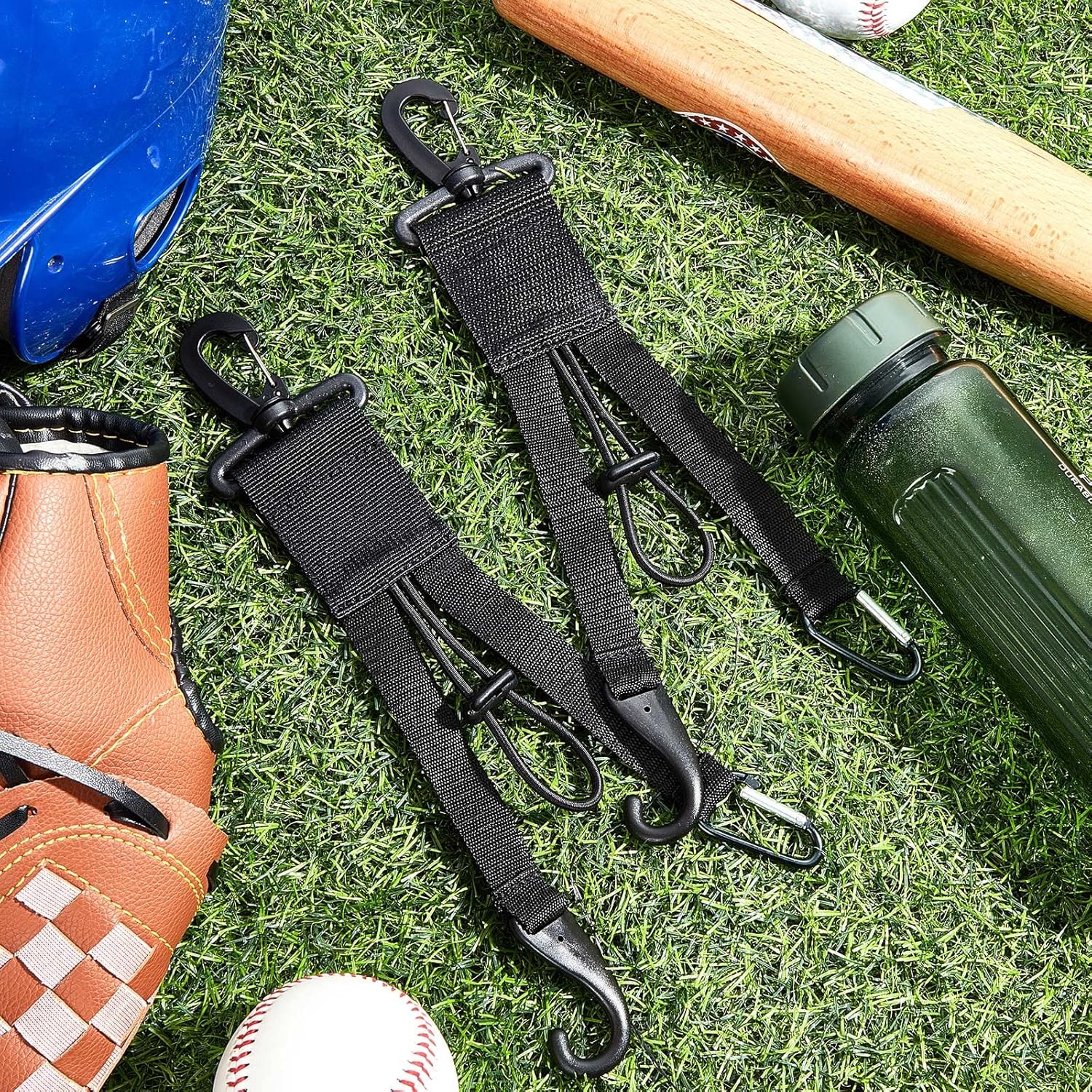 Deekin 4 Pcs Baseball Softball Gear Hanger 3 in 1 Dugout Organizer Bat Holder with Glove Clip and Helmet Hook for Fence Bag Water Bottle Hiking Camping (Black)